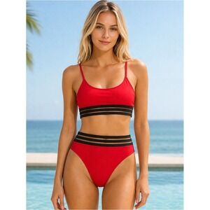 Red Mesh Stripe High‎ Waisted Beach Chic Bikini Set Two Piece Swimsuit Sporty